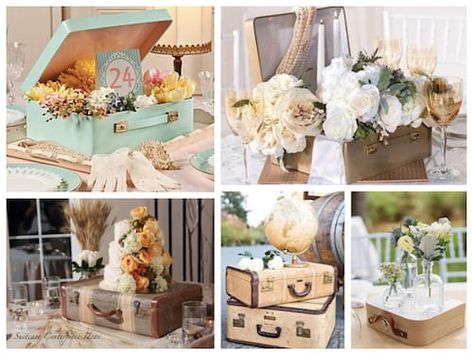 Suitcase Centerpiece Ideas Suitcase Centerpiece Ideas, Suitcase Centerpieces Travel Themes, Travel Themed Centerpieces, Travel Theme Centerpiece Ideas, Suitcase Centerpiece, Travel Theme Party Decorations, Travel Centerpieces, Vintage Suitcase Decor, Bridesmaids Luncheon