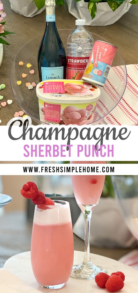 Galentines Drink Ideas Champagne, Alcohol Sherbert Punch, Pink Punch With Alcohol, Valentines Girls Night Food, Galentines Cocktails Champagne, Galentines Party Punch Alcohol, Galentines Party Alcoholic Drinks, Valentines Champagne Drinks, Valentine Champagne Punch