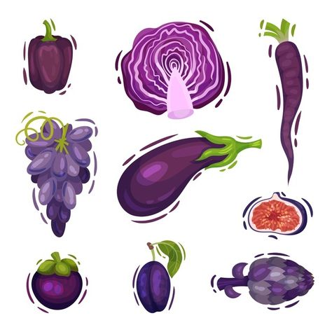 Set of purple vegetables and fruits | Premium Vector #Freepik #vector #food #fruit #plants #vegetables Purple Fruit Drawing, Purple Vegetables, Purple Beans, Blue Vegetables, Red Vegetables, Dark Wooden Table, Plants Vegetables, Healthy Fruits And Vegetables, Fruit Clipart