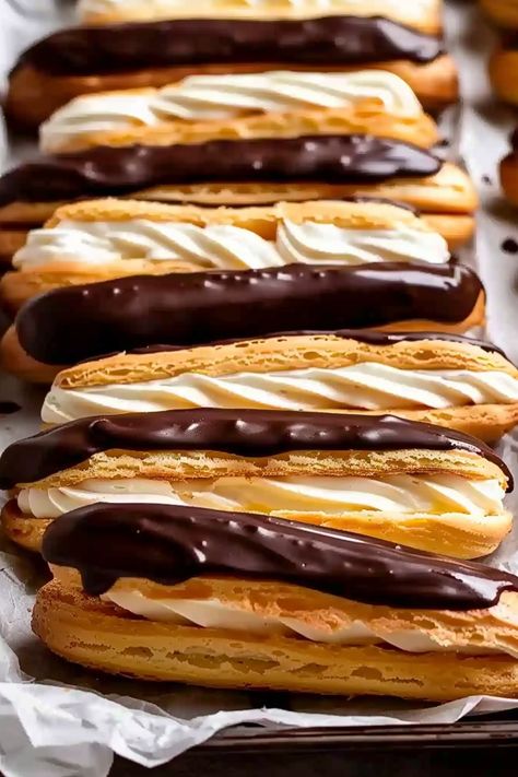 Best Choux Pastry Chocolate Eclairs Recipe Indulge in the luxurious delight of homemade chocolate éclairs with this detailed recipe. Perfectly crisp choux pastry, silky chocolate glaze, and a luscious stabilized ... Read more Eclair Recipes, Chocolate Eclairs Recipe, Puff Pastry Sticks, Eclairs Recipe, Chocolate Eclair Recipe, Fancy Baking, Chocolate Eclairs, Dream Bakery, Pastry Chocolate