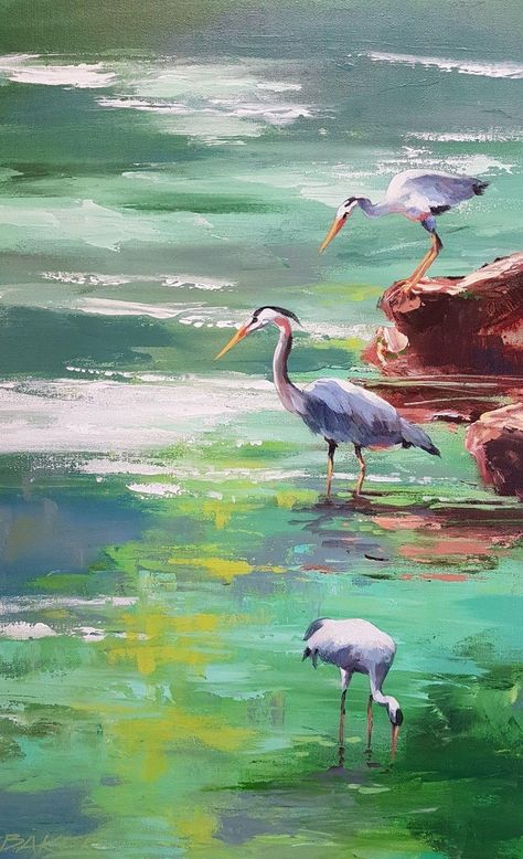 Louise Baker, Cranes, Painting, Acrylic on Canvas, 2019 Cranes Painting, Impressionist Paintings Acrylic, Crane Painting, Lotus Pond, Impressionist Landscape, Landscape Paintings Acrylic, Herons, Painting Media, Owl Painting