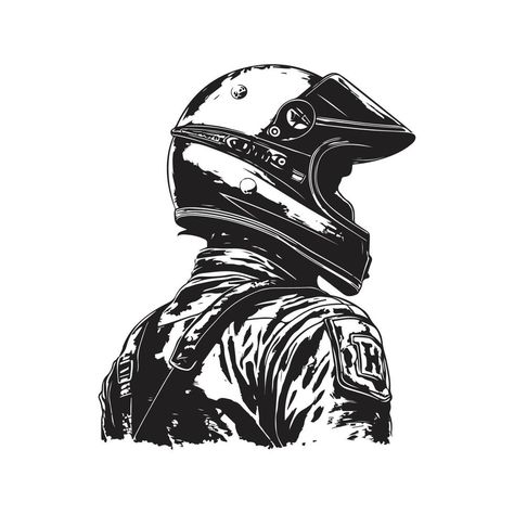 man with full face motocross helmet, vintage logo concept black and white color, hand drawn illustration Racing Helmet Drawing, Helmet Illustration, Helmet Drawing, Biker Helmets, Helmet Logo, Motocross Helmets, Motorcycle Drawing, Logo Concept, Black And White Colour