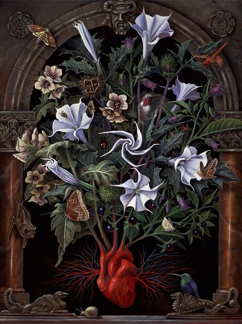 "Sacred Heart" by Benjamin A Vierling  www.bvierling.com/ Vanitas Paintings, Poison Garden, Sacred Heart Art, Traditional Witchcraft, Tempera Painting, Heart Art Print, Witch Garden, Poisonous Plants, Tempera