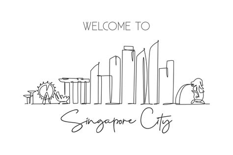 Singapore Skyline Illustration, Singapore Drawing, Singapore Tattoo, Skyline Tattoo, Skyline Drawing, Singapore Skyline, Music Corner, Business Card Displays, Card Displays