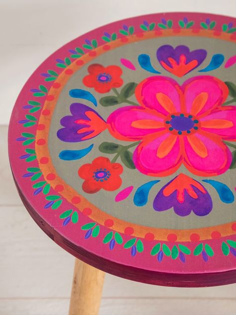 Colorful Boho Home, Folk Flowers, Stool Side Table, Wooden Stool, Boho Home Decor, Natural Life, Boho Home, Colorful Boho, Wooden Table