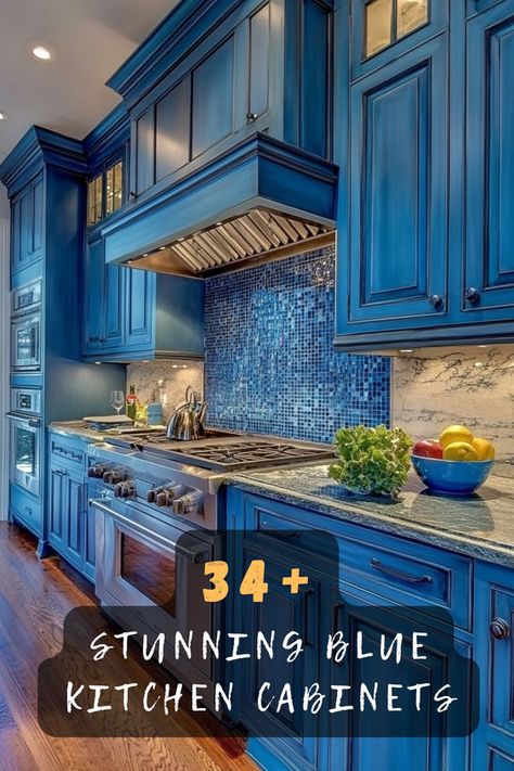 Transform your kitchen with 34 stunning blue kitchen cabinet ideas that bring style and sophistication to your home. 💙 From navy to sky blue, these designs offer a variety of hues to refresh your cooking space. Curious to see how blue can elevate your kitchen decor? Click to explore all the stylish options! #BlueKitchen #KitchenCabinets #HomeDecor #InteriorDesign #StylishSpaces #KitchenInspiration #ColorfulKitchens Diy Blue Kitchen Cabinets, Blue Lower Kitchen Cabinets, Blue Kitchen Countertops, Blue Shaker Kitchen Cabinets, Blue Kitchen Cabinet Ideas, Blue Yellow Kitchens, Cobalt Blue Kitchens, Blue Kitchen Cabinet, Blue Wood Stain