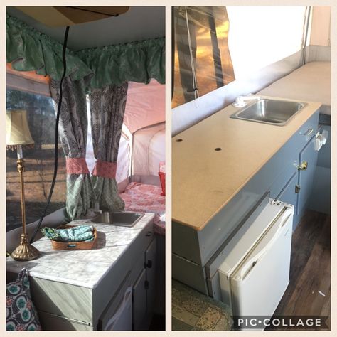 Our pop up camper reveal after we finished remodeling our 2001 Jayco Qwest. You can redo a camper too! Pop Up Ideas, Pop Up Camper Remodel, Tent Trailer Remodel, Popup Camper Remodel, Pop Up Tent Trailer, Camper Reno, Pop Up Trailer, Camper Storage, Camping Rv