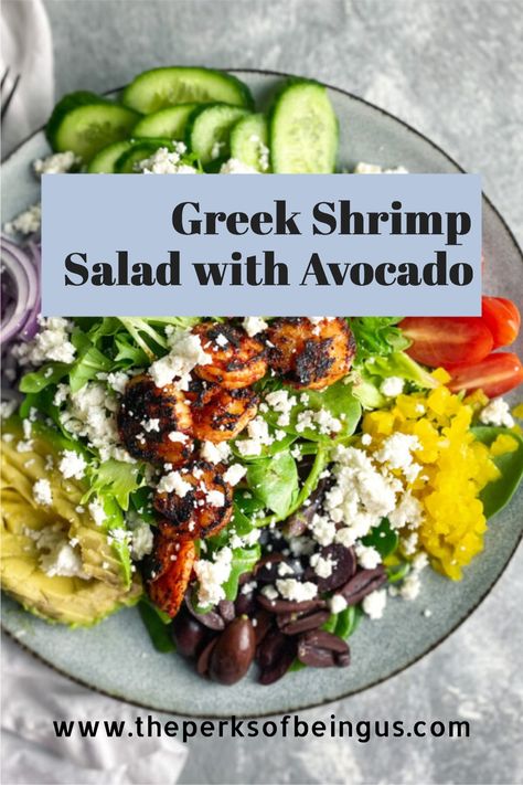 Lettuce Salad with Shrimp (Greek Style) - The Perks of Being Us Mixed Greens Salad With Shrimp, Greek Salad With Shrimp, Spinach Salad With Shrimp, Mediterranean Shrimp Salad, Greek Shrimp Recipes, Salad With Shrimp Recipes, Salads With Shrimp, Greek Shrimp Salad, Greek Lettuce Salad