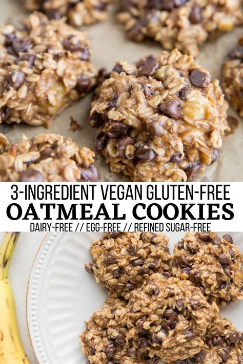 3-Ingredient Vegan Oatmeal Cookies - an egg-free, dairy-free, refined sugar-free healthier cookie recipe that takes 15 minutes to make! #glutenfree #vegan #dairyfree #dessert #oatmealcookies #healthydessert Healthy Cookies No Eggs, Easy Vegan Oatmeal Cookies, Vegan Oatmeal Cookies 3 Ingredients, Oatmeal Cookies Without Eggs, 4 Ingredient Healthy Peanut Butter Oatmeal Cookies, Oatmeal Cookies Vegan, Dairyfree Dessert, Vegan Oatmeal Cookies, Gluten Free Oatmeal Cookies