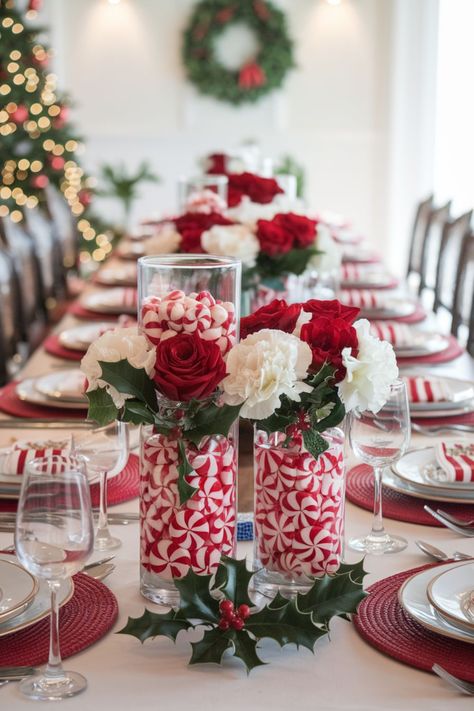 21 Red and White Christmas Décor Ideas You’ll Want to Try This Year Christmas Table Settings Red And White, Red White Centerpieces, Red White And Silver Christmas Decor, Red And White Christmas Decor Diy, Red And White Christmas Decor Living Room, Red And White Christmas Table, White Christmas Tablescapes, White Christmas Diy, White Table Decorations