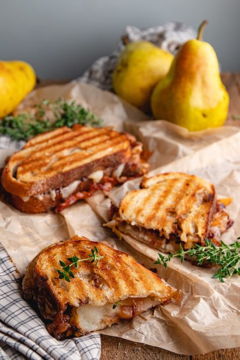 Pear and Brie Panini with Caramelized Shallots and Walnuts Brie Panini Recipes, Brie And Pear Sandwich, Pear Brie Sandwich, Brie Pear Grilled Cheese, Brie Breakfast Sandwich, Fall Panini, Brie With Pears, Pear Sandwich, Brie Panini