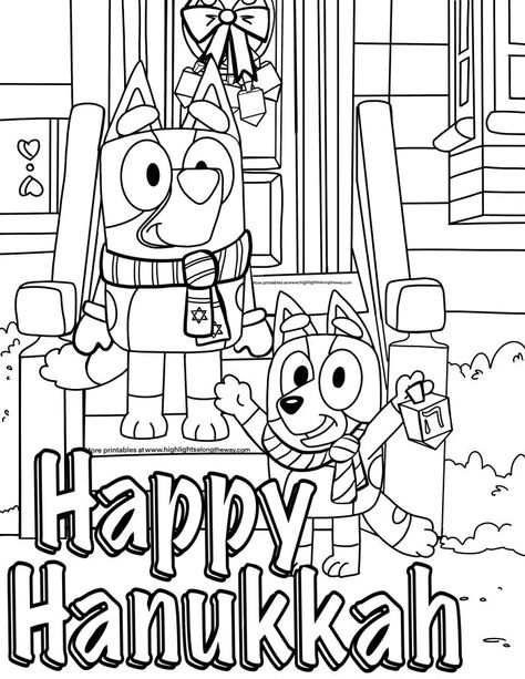 Bluey Hanukkah Coloring Page Hannukah Activities, Hanukkah Coloring Pages, Winter Break Activities, Bluey Halloween, Blue Heeler Puppies, Halloween Word Search, Jewish Festivals, Christmas Coloring Sheets, Halloween Words