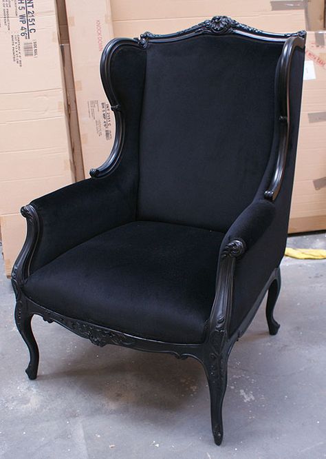 Moulin Noir Wingchair Black Velvet Black French Provincial Bedroom, Black Bedroom Furniture Set, Distressed Leather Sofa, White Distressed Furniture, French Provincial Bedroom, French Furniture Bedroom, Shabby Chic Boutique, French Painted Furniture, Shabby Chic Bedroom Furniture