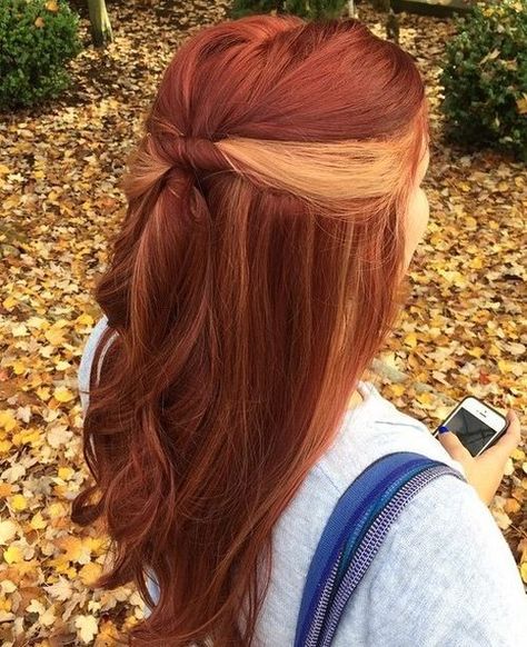 copper red hair with blonde peek-a-boo highlights Peek A Boo Highlights, Copper Red Hair, Red Blonde Hair, Peekaboo Hair, Ginger Hair Color, Braided Hairstyle, Fesyen Rambut, Shoulder Hair, Hair Color For Women