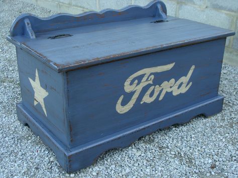 My childhood hope chest turned into my sons toy box.  He loves Ford Mustangs, so I painted it up and distressed it all cool :) Ford Nursery Theme, Ford Bedroom Ideas, Ford Nursery, Georgia Font, Boy Nursery Cars, Boys Toy Box, Outdoor Toy Storage, Wooden Toy Chest, Cars Toy