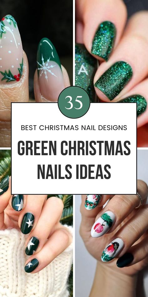 Ready to level up your nail game with emerald and forest green Christmas nails? Check out stunning nail art designs with red, bling, and acrylic styles. Cute Christmas nails for every holiday look! Save this pin to your "Seasonal Nails" board for inspiration and read more in the article. Square Christmas Nails Green, Christmas Green Gel Nails, Christmas Nails Designs Green, Green Acrylic Christmas Nails, Xmas Nails Green And Gold, Green Winter Nail Ideas, Red Green Nail Art, Dark Green Christmas Nails Short, Christmas Gel Nails Short Green