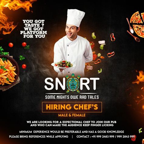 We hiring great chefs who have that magical power to turn an ordinary dish into something EXTRA ordinary. For contact - +91 999 2483 999 / 999 2843 999 #snortpub #hiringalert #chefs #instagood #hyderabad #hitechcity Chef Poster, Hiring Poster, Cooking Contest, Restaurant Poster, Sushi Chef, Some Nights, Food Advertising, Email Marketing Design, Creative Poster