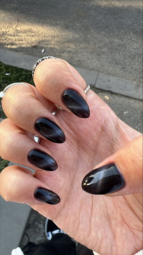 Black gel nails. Design. Black Nails With Magnetic Glitter, Cat Eye Nails Polish Black, Gel Polish Cat Eye Nails, Black Nails Magnet, Black Cat Eye Almond Nails, Black Nail Cat Eye, Black Cat Eyes Nail, Black Nails With Cat Eye, Black Nails Cat Eye Effect