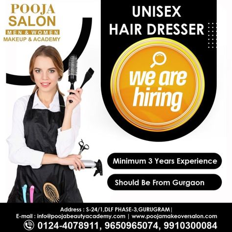 WE ARE HIRING ‼️ Unisex Hairdresser -------------- . . Call us - 9910300084 Location- S-24/1 DLF PHASE 3 GURGAON . . Urgent Requirement ✅ . . #makeup #advancemakeup #course #hairtransformation #straighthair #hairrebonding #keratintreatment #smootheningtreatment #poojasalongurgaon #hairsalon #beautysalon #bestsalon #poojasalon #gurgaonsalon #hair #hiring #hairdresser Beauty Academy, Makeup Academy, Best Salon, Cut Image, We Are Hiring, Hair Dresser, Hair Transformation, Keratin, Beauty Salon