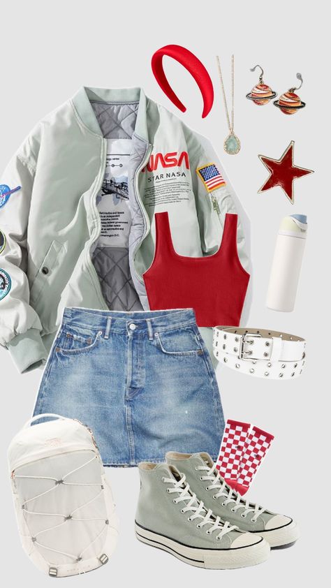 Vintage jacket, owala, NASA outfit, outfit inspiration Nasa Jacket Outfit, Retro Space Aesthetic Outfit, Nasa Outfit, Retro Space Aesthetic, Nasa Jacket, Vintage Jacket, Platform Boots, Boyfriend Pictures, Outfits Aesthetic