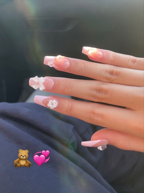 cute charm nails 
girly 
french tip 
hello kitty nails 
pink nails Cute Nails No Charms, Pink Acrylic French Tip Nails, Acrylic French Tip Nails, Acrylic French Tip, Charm Nails, Inspo Wall, Unicorn Nail Art, Acrylic French, Journal Lettering