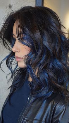 Black Blue Hair Color Short, Black Hair With Midnight Blue Highlights, Different Color Highlights On Brown Hair, Dark Blue Hair Streaks, Hair Color Ideas For Brunettes Blue, Blue And Dark Brown Hair, Longer Hair Cuts, Dark Brown And Blue Hair, Blue Highlights On Black Hair