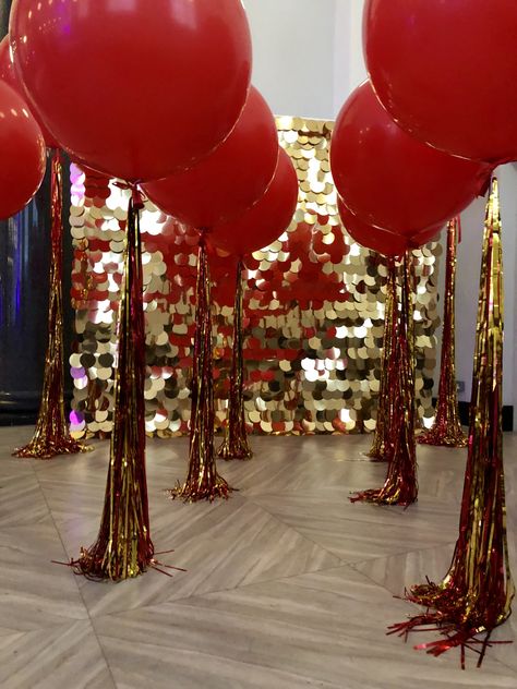 Gold Red Decorations Party, Red Gold Silver Party Decorations, Red And Gold Balloon Centerpieces, Red Gold And White Decorations, Ruby Red Party Theme, Red And Gold 60th Birthday Party Ideas, Red And Gold Event Decor, Gold And Red Birthday Decorations, Red And Gold Birthday Party Decorations For Women