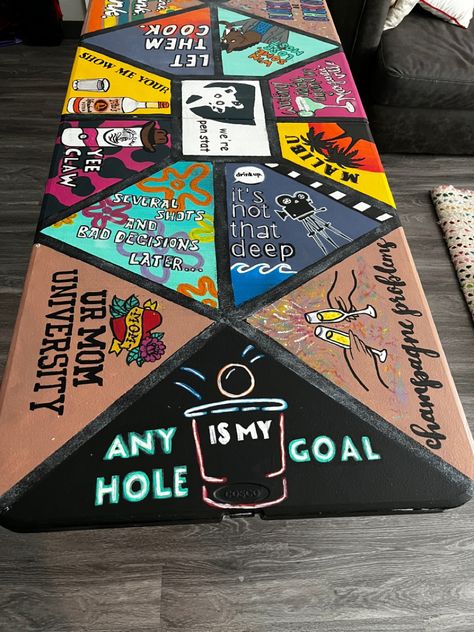 Funny Beer Pong Table Painted, Frat Beer Pong Table Painted, Fsu Beer Pong Table, Halloween Beer Pong Table, Cup Pong Tables Painted Ideas, Pong Table Painted College Boy, Die Table Ideas, Beer Pong Table Painted Ideas Boys, Frat Pong Table