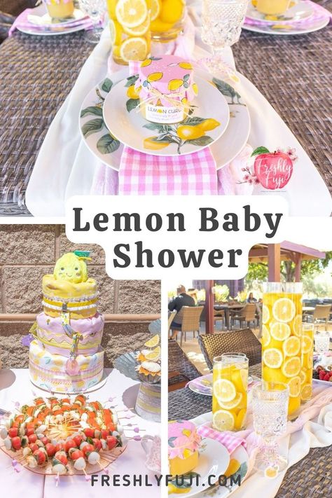 Three photos - top photo is a place setting featuring lemon plate, pink gingham napkins and a handmade lemon curd favor placed on top. Bottom left photo is of a diaper cake with pastel blankets and a lemon plush on top. Bottom right photo is a lemon centerpiece consisting of tall glass cylinder vases filled with sliced lemons and water. Lemons Baby Shower Ideas, Lemonade Themed Baby Shower Ideas, Our Main Squeeze Baby Shower Theme, Strawberry Lemonade Baby Shower Theme, Lemon Themed Baby Shower Ideas Girl, Lemonade Baby Shower Theme Girl, Lemon Themed Food, Summer Baby Girl Shower Ideas, Lemon Theme Baby Shower Ideas