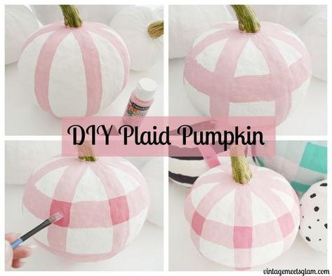 DIY Plaid Pumpkins – VintageMeetsGlam ginham, buffalo check, pink, chinoiserie chic, farmhouse, colorful, fall, decor Stack Pumpkins, Pumpkin Painting Ideas Fall, Diy Plaid, Painting Ideas Fall, Plaid Pumpkins, Plaid Diy, Creative Pumpkin Painting, Pink Chinoiserie, Decorating For Fall