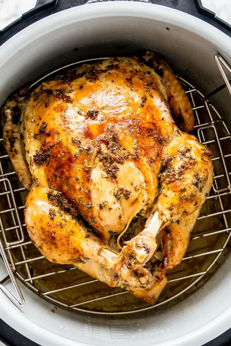 This step-by-step guide for the best Pressure Cooker Whole Chicken recipe is going to be your new weeknight go-to! In no time at all you'll have the most tender fall-off-the-bone chicken with crispy skin. #chicken #roastchicken #instantpot #ninjafoodi Pressure Cook Whole Chicken, Pressure Cooking Chicken, Pressure Cooker Recipes Chicken, Cooking Whole Chicken, Chicken Tikka Masala Recipes, Best Pressure Cooker, Cooking Frozen Chicken, Crockpot Ideas, Jo Cooks