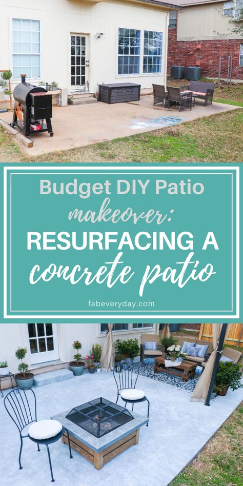 Update Concrete Patio Ideas, Back Patio Makeover On A Budget, Upgrade Concrete Walkway, Concrete Patio Update, Resurfacing A Concrete Patio, Flooring For Outside Patio, Diy Patio Concrete Makeover, How To Update Concrete Porch, Patio Upgrade On A Budget