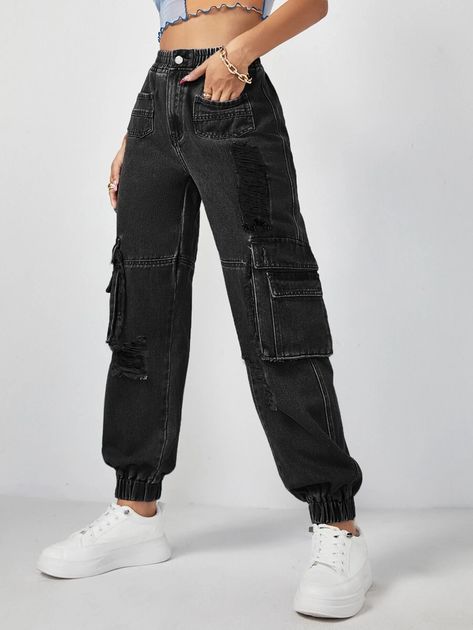 Ripped Flap Pocket Jogger Jeans | SHEIN Black Cargo Joggers Outfits Women, Jogger Jeans Outfit Women Denim, Jean Joggers Outfit, Jogger Jeans Outfit, Cargo Joggers Outfits Women, Denim Joggers Outfit, Woman Cargo Pants, Cargo Joggers Outfits, Kaos Rib