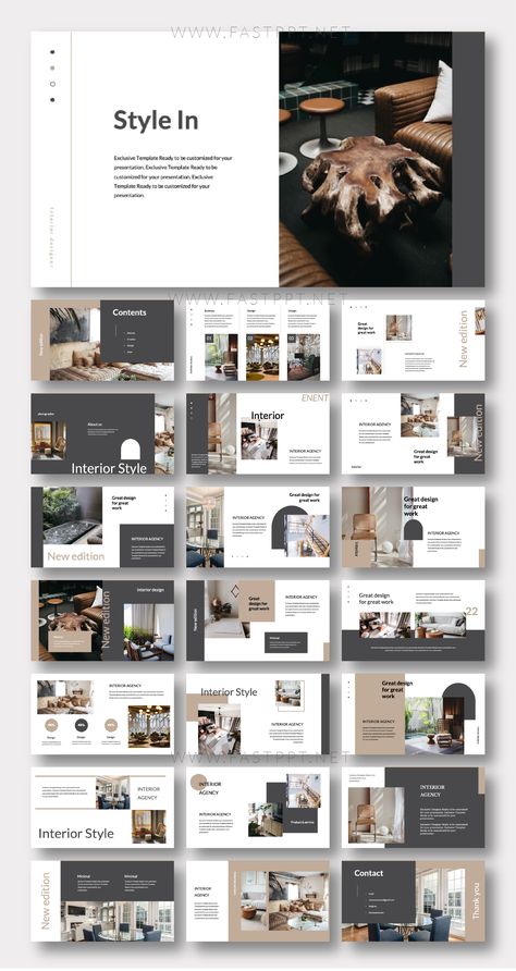 This beautiful and modern interior presentation template is perfect for showcasing your latest projects. With its creative slides and stunning visuals, you'll be sure to impress your clients and colleagues. Download now and get Interior Brochures, Interior Presentation, Catalogue Layout, Powerpoint Slide Designs, Company Presentation, Presentation Design Layout, Architecture Portfolio Design, Creative Interior, Business Presentation Templates