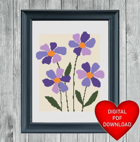 Lilac Spring Flower Pattern Cross Stitch, Instant PDF Download, X Stitching Art, 14ct Aida, Embroidery, DMC Floss Threads, Cross-Stitching Pattern Cross Stitch, Flower Cross, Love Stitch, Patterned Sheets, Dmc Floss, Spring Flower, Stitching Art, Extra Fabric, Cross Stitching