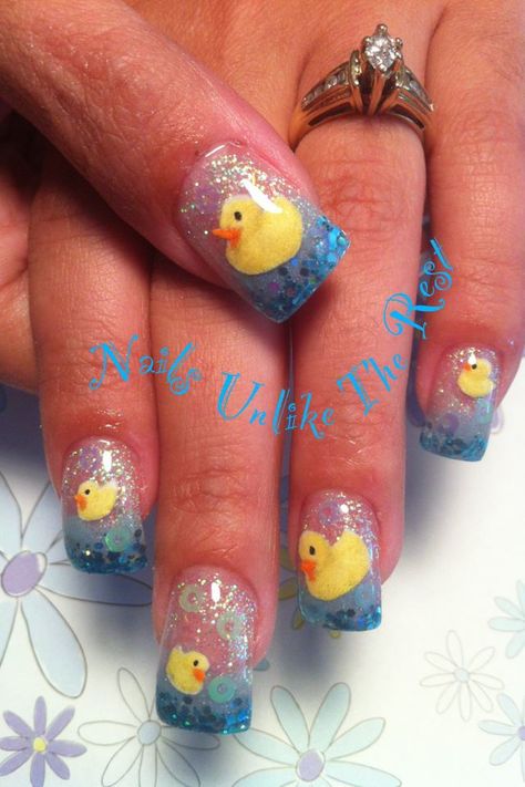 Rubber Duckies!! Rubber Ducky Nail Art, Rubber Ducky Nails, Rubber Duck Nail Art, Rubber Duck Nails, Ducky Nails, Duck Nail Art, Sparkly Gel Nails, Weird Nails, Shower Nails