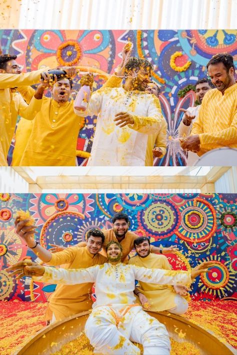 Haldi Photoshoot With Friends, Haldi Photography Ideas, Tradition Photography, Groom Haldi, Haldi Photoshoot, Haldi Ceremony Outfit, Indian Bride Poses, Indian Bride Photography Poses, Wedding Kurta For Men