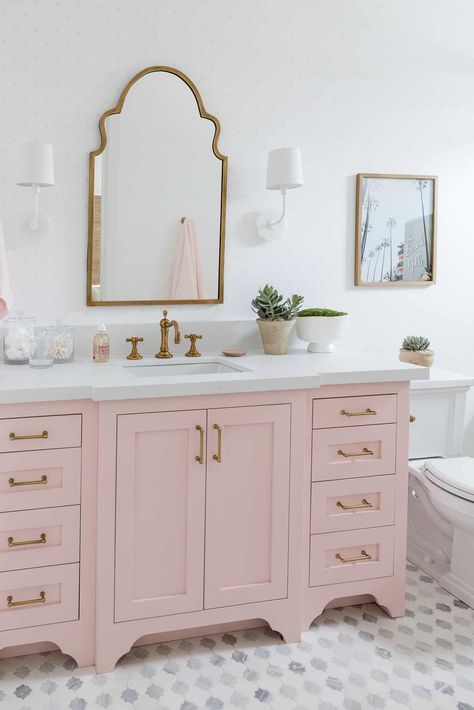 Windward Newport Beach New Build Project - Mindy Gayer Design Co. Mindy Gayer Design Bathroom, Just Peachy Bathroom, Pink Vanity Bathroom, Pink Bathroom Cabinets, Pink Girls Bathroom, Girl Bathroom Ideas, Pink Bathroom Design, Girls Bathroom Design, Pink Bathrooms