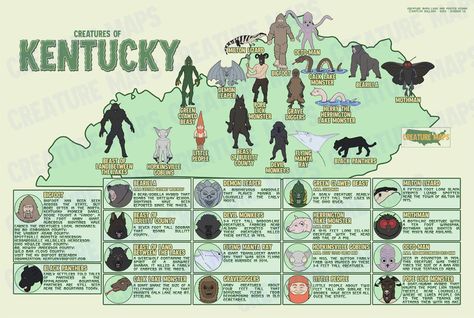 Explore the creatures that haunt the Bluegrass state with this 12x18 inch illustrated poster!  Features eighteen cryptids.  Includes a map with locations and basic information about each creature. Posters are printed on 80 lb paper with a glossy finish for vibrant colors. Updated version! View the changes here: creaturemaps.blogspot.com/2023/02/change-log.html Signed Prints Available! I am happy to sign your print, and even include a personal greeting such as "stay spooky" or "keep squatchin". Kentucky Art, Lake Monsters, Illustrated Poster, Myths & Monsters, Beast Creature, Stay Spooky, Sign Printing, Mythical Creatures, I Am Happy