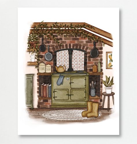 "\"Country Kitchen\" Print of watercolor illustration *Frame not included-for display only *Two paper options: 230 GSM Matte OR 300 GSM Textured Watercolor paper *Signed by the artist *Available sizes in dropdown menu Thanks for visiting the Fox & Fables shop! Please do not hesitate to contact me for questions, comments, or if you are interested in commissions. THANK YOU for supporting small business artists! Follow @foxandfables on Instagram for artist updates and latest works Thanks, Emma" Cottage Illustration Simple, Inside Cottage Drawing, Kitchen Illustration Art, Cozy Cottage Drawing, Cottage Kitchen Illustration, Farmhouse Illustration The Farm, Cottage Drawing, Black And White Artist, Cottage Illustration