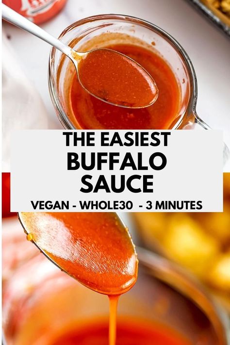 Vegan buffalo sauce is so easy to make and ready in just 3 minutes. Made with no butter, this healthy buffalo sauce is perfect for making vegan wings or to use on tacos, pizza, sandwiches, wraps or burgers. This Whole30 buffalo sauce is made without butter. Buffalo Chicken Bites Baked, Easy Homemade Buffalo Sauce, Vegan Buffalo Sauce, Buffalo Sauce Recipe, Buffalo Chicken Bites, Wing Sauce Recipes, Baked Buffalo Chicken, Chicken Casserole Easy, Ranch Chicken Casserole