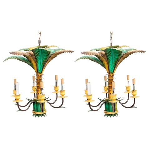 Pair of Tole Palm Tree Chandeliers For Sale at 1stDibs Bamboo Chandelier, Mid Century Chandelier, Candle Sleeves, Tree Lamp, Chinoiserie Style, Beautiful Chandelier, Architectural Antiques, Painted Leaves, Faux Bamboo