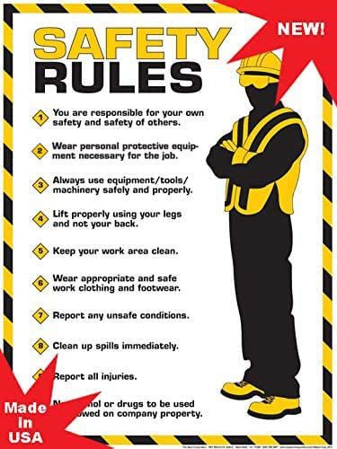 PRICES MAY VARY. Paper Made in USA Workplace Safety Rules Poster 18" x 24" Full Color Poster Laminated front and back MADE IN THE USA MADE IN THE U.S.A. - The Safety Rules Poster includes ten of the most common safety tips, to remind employers to work safely in all environments. This attractive poster provides constant reinforcement of company rules that will help prevent injury. Made in the USA with easy to read text and bright safety yellow and black to get the attention of all your employees. Safety Poster, Rules Poster, Safety Rules, Workplace Safety, Office School, School Supplies