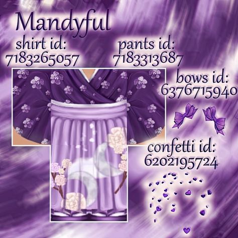 Here are four detailed purple outfits for Roblox. All of the codes for the outfits are included in the posts. You can try on these clothing in bloxburg or any other game that lets you use IDs of clothing. You may pin and share these as you please ❤️ #RobloxOutfits #RobloxClothing #Detailed #RobloxCodes Roblox Purple Dress Codes, Roblox Codes Purple, Purple Roblox Outfits, Roblox Purple Outfit Codes, Roblox Dress Codes, Roblox Id Codes For Clothes, Roblox Id Codes, Roblox Sets, Bloxburg Clothes