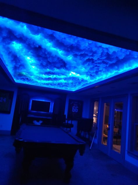 Cloudy Sky Room Decor, Cloudy Roof Room, Celling Design Bedroom Clouds, Cloud Led Lights Ceiling, Led Lights Bedroom Aesthetic Clouds, Led Clouds On Ceiling, Cloud Celling Design, Led Cloud Lights Celling, Cloud Roof Ceilings Diy