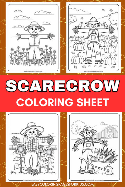 Coloring sheet featuring four scarecrow designs, perfect for kids. Each illustration showcases a cheerful scarecrow in different settings, surrounded by pumpkins, sunflowers, and farm elements. Ideal for autumn-themed activities and creative expression. Preschool Scarecrow, Scarecrow Coloring Pages, Preschool Pumpkin, Easy Coloring Pages For Kids, Fall Coloring Sheets, Thanksgiving Coloring Sheets, Pumpkin Coloring, Scarecrow Crafts, Thanksgiving Coloring