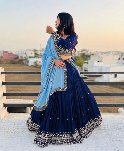 a story of love and sacrifice.....  beautifully designed story of sch… #romance #Romance #amreading #books #wattpad Groom Sister Dress Indian Outfit, Bollywood Lengha, Lengha Sari, Navy Blue Lehenga, Lehenga With Dupatta, Chaniya Choli Designs, Georgette Material, Function Dresses, Simple Lehenga