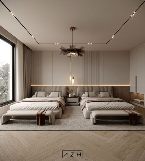 Double Bedroom Bedroom For Parents Ideas, 2 Queen Beds In One Room Hotel, Two Double Beds In One Room Ideas, Kids Room Double Bed, Hotel Room Interior Modern, Room Ideas Shared Bedrooms, Two Queen Beds In One Room, Two People Bedroom Ideas, Cool Tone Bedroom