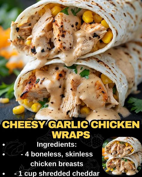 Cheesy Garlic Chicken Wraps Dinner Chicken Wraps, Dinner Ideas Wraps, Lunch Ideas With Shredded Chicken, Dinner Recipes Wraps, Sides To Go With Chicken Wraps, Garlic Chicken Wraps, Cheese Garlic Chicken Wraps, Grilled Chicken Caesar Wrap, Cheesy Chicken Wraps