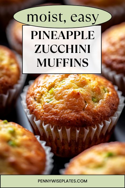 Freshly baked pineapple zucchini muffins with overlay text reading "pineapple zucchini muffins" and "moist & easy". The muffins are golden brown with visible zucchini and pineapple flecks. Fresh Pineapple Muffins, Zucchini And Pineapple Bread, Zucchini Banana Bread Muffins, Zucchini Muffins Recipes, Zucchini Bread Chocolate, Pineapple Zucchini Bread, Easy Zucchini Muffins, Breaded Zucchini, Zucchini Pineapple Bread